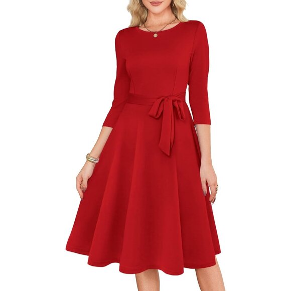 Women's Red 3/4 Sleeve Vintage Flattering A-line Vintage Cocktail Dresses - Picture 4 of 5